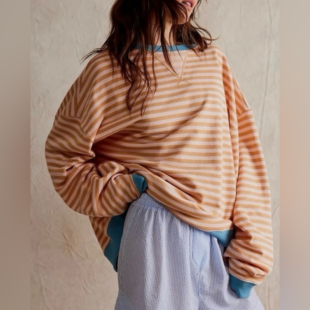 Free People Orange blue striped relaxed fit crewneck sweatshirt Large New